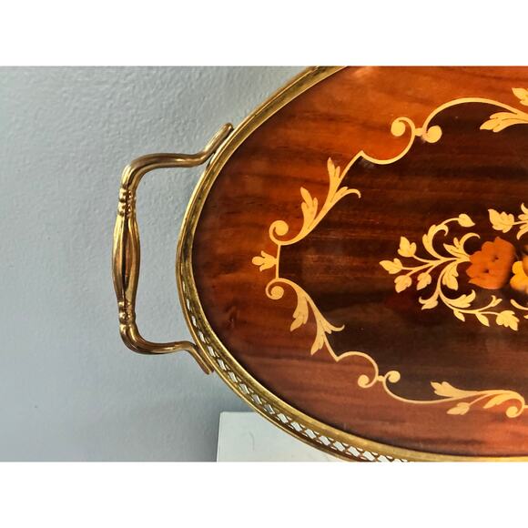 Vintage Marjorita Isola di Capri Inlaid Wood Serving Tray w/ Brass Handles - Picture 4 of 7